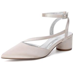 HFWXYSA Dames Satijnen Enkelbandje met gesloten neus Laag blok Chunky hakken Puntige slingback sandalen Feest Bruiloft Bruidsjurk Pumps Schoenen,Champagne,40 EU