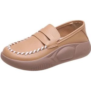 kumosaga Lurebest schoenen for dames, zachte leren vrijetijdsschoenen met dikke zool, damesplatform slip-on mode-instappers (Color : Khaki, Size : 37 EU)