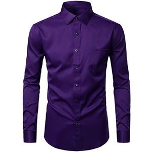 GTSFTJ Paarse Mens Dress Shirts Casual Slim Fit Elastische Kantoor Bruiloft Werk Shirt Formele Chemise, Donker Paars, M