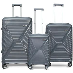 DS-Lux Hoogwaardige reiskoffer, harde koffer, trolley, rolkoffer, handbagage, ABS-kunststof met TSA-slot, 4 spinner-wielen, (S-M-L-set), Grijs V3, Set, kofferset