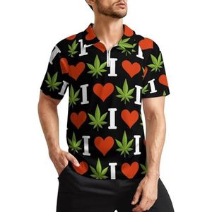 I Love Weed golfpoloshirts voor heren, klassieke pasvorm, T-shirt met korte mouwen, bedrukt casual sportkleding top, S