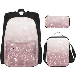 SUHNGE Kleurrijke geometrische driehoek print rugzak meisjes jongens schooltassen tiener lunchbox en potlood etui 3 in 1 boekentassen set, Roze Glitter, Eén maat