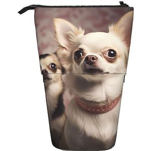 RLDOBOFE Leuke Chihuahua Print Potlood Tas Stand-Up Intrekbare Potlood Doos Organizer Pen Houder Opbergtas Cosmetische Tas Voor Office Kerst Vakantie Gift, Zwart, Eén maat