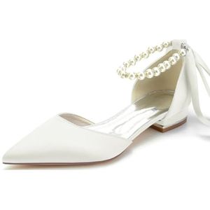 Vrouwen Puntige Teen Ivoor Bruiloft Flats Satijn Parelen Enkelband Bruiloft Schoenen Voor Bruid Prom Avond Bruidsfeest Jurk Flats,ivoor,36 EU