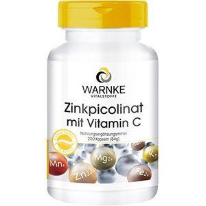 Zink + Vitamine C - 15mg zink per capsule - hoge dosering & veganistisch - van zinkpicolinaat - 200 capsules | Warnke Vitalstoffe - Duitse apothekerskwalitei