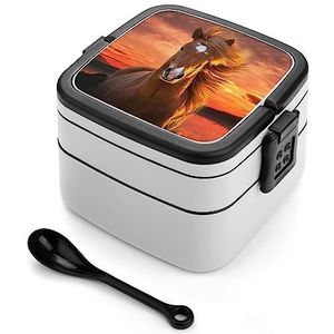 Golden Sunset Sundown Horse Lake Bento Lunch Box Dubbellaags All-in-One Stapelbare Lunch Container Inclusief Lepel met Handvat