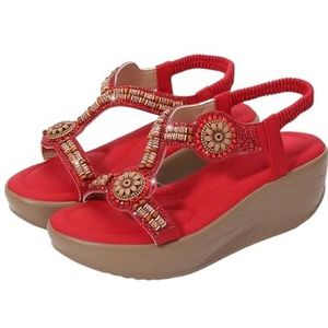 Xytraiihw Dames Platform Wedge Heel Sandalen, Mode Elegante Sandalen met Hak met Elastische Band Slippers Open Teen Zomerschoenen Grote Maat Strandschoenen voor Bruiloft Prom Party,Rood,36 EU