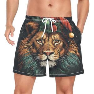 Niigeu Cartoon grappige kerst leeuw zwembroek shorts sneldrogend met zakken, Leuke mode, S