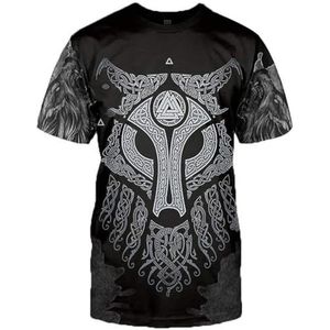 Vintage Nordic Odin Warrior T-shirt – Unisex Roman Harajuku 3D Totemprint Losse Korte Mouwen – Middeleeuwse Viking Zomer Koel Ademend Strand Grote Maten Kleding (Color : Wolf, Size : XL)
