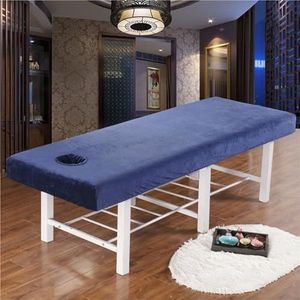 Beauty Bed Cover Dikke Fluwelen Wasbare Massagebedhoes Met Gezichtsgat, Elastische Koordrand Rondom Wikkelbaar Professionele Zachte Massagebedhoes(Navy Blue)