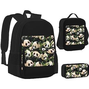 TOMPPY Leuke Panda Gedrukt Boeken Tas Met Lunch Tas En Etui Voor Elementaire, 3 stks Rugzak Sets, Zwart, Eén maat, Schooltas Set