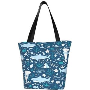 Schoudertas, canvas draagtas grote tas vrouwen casual handtas herbruikbare boodschappentassen, glimlachende haai zeedieren oceaan vissen zeester blauw, zoals afgebeeld, Eén maat