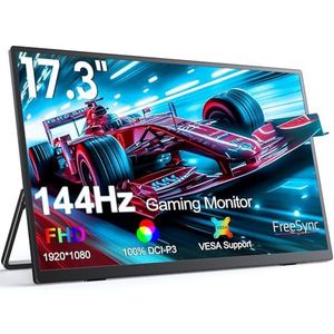 UPERFECT Draagbare Monitor 17,3 Inch 144Hz met 1920x1080 Full HD Oogverzorging IPS Mat Scherm Geïntegreerde Beugel Mini HDMI 2 USB C voor PC Laptop PS4/5 Switch Xbo, Mobiel Display VESA Compatibel