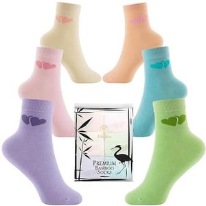 Klenton 6 paar bamboesokken voor meisjes, enkelhoog, ademende schattige kindersokken met hartpatroon, gladde teennaden, milieuvriendelijke verpakking, meisjessokken, verpakking van 6 stuks, EU-maat