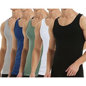 Falechay Onderhemd Heren Tanktop 5-Pack 100% Katoen Fijne Rib Mouwloos Spier Shirt Sport Vesten Zwart Wit Grijs Blauw Groen 3XL
