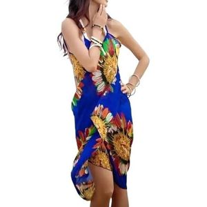 Sexy Dames Bikini Cover Up Sjaal Bloemen Print Chiffon Jurk V-hals Zwemkleding Zomer Strand Wrap Backless Suspenders Jurk Badpak Dames Zee (Blauw)