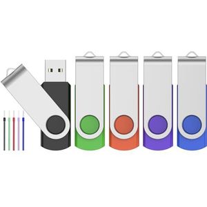 FEBNISCTE USB-stick 2.0, 1 GB, 5 stuks, pendrive, draagbaar, met lanyard, draaibaar, flashdrive, gekleurd, voor gegevens, video, foto's, audio, muziek, film