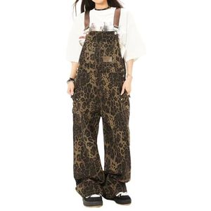 FEUSEUZ Dames luipaardprint overall straat retro luipaardprint werkbroek dames losse casual overall jumpsuit, Luipaard Print, L