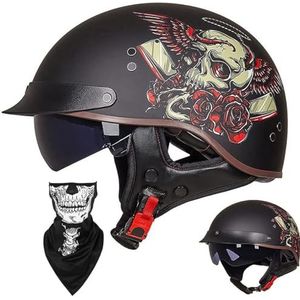 Halfhelm Open-Face Helm Brain - Cap Cruiser Chopper Scooter Piloot Jethelm DOT+ECE Gecertificeerd Persoonlijkheid Retro Harley Motorhelm Vintage Motorhelm(F,XXL=(63~64cm))