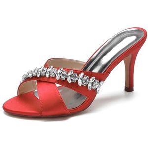 SYDZSW Ivoor trouwschoenen met naaldhak, bruidsschoenen, hoge hakken, satijn, sandaal, riem met strass, 35-42, Rood, 35 EU