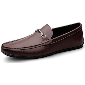 Loafers for heren, ronde neus, effen kleur PU lederen loafers, comfortabele antislip, flexibele klassieke instappers (Color : Brown, Size : 42 EU)
