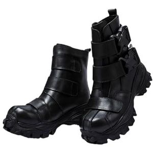 Herenmode Echte Leren Motorlaarzen, Gothic Punk Rock Mid Calf Platform Tooling Stoomlaarzen(Black cotton,46 EU)