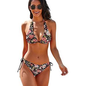 Rode en roze bloemen dames 2-delige bikini set driehoek badmode halter string badpakken met stropdas kant M