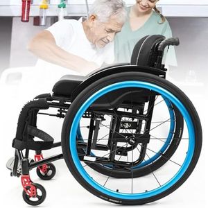 Aluminium lichtgewicht rolstoelen met snelsluitwielen en comfortabele kussens, sport vrijetijdsrolstoelen voor volwassenen, draagbare opvouwbare rolstoelen, zelfrijdende handmatige rolstoel, blauw
