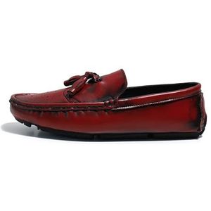 Heren loafers schoen ronde neus veganistisch leer brogue reliëf met kwast rijden loafers antislip platte hak comfortabele outdoor instappers (Color : Red, Size : 44.5 EU)