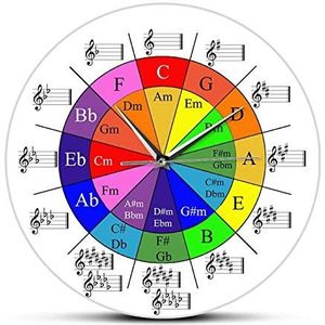 ZTTXMINGX Stille Wandklok Cirkel van Vijfden Muziektheorie Cheat Sheet Kleurrijke Wandklok Het Wiel Van Harmonie Muziek Theorie Vergelijkingen Muzikanten Art Clock -30cm
