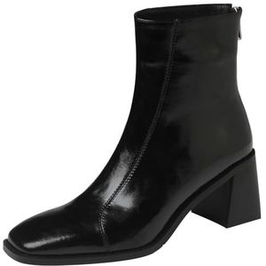 CHICMARK Dameslaarzen van rundleer/casual enkellaarsjes met vierkante teen en dikke hakken en ritssluitingen achter voor de winter, zwart, 37 EU