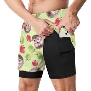 Aquarel Appels En Egel Grappige Zwembroek met Compressie Liner & Pocket Voor Mannen Board Zwemmen Sport Shorts