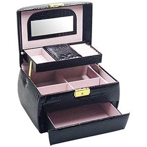 Oorbellen opbergen Doos for vrouwen PU lederen ketting sieraden organizer met spiegel ketting sieraden organizer sieraden houder for oorbellen armbanden ringen rood (kleur: zwart)(Black)