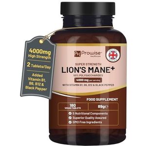 Lions Mane Mushroom Supplement 4000mg met vitamine B1, B6, B12 en zwarte peper - 180 supersterke veganistische tabletten met 50% polysachariden | Gemaakt in het VK door Prowise