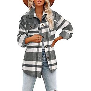 Sawmew Dames Geruit Flanellen Vest Casual Geruite Jas Geruite Wolmix Met Lange Mouwen (Color : Gray, Size : M)