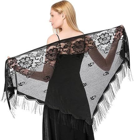 CCAIPU Sjaals en omslagdoeken voor vrouwen, zachte mesh kanten pashmina, lichtgewicht sjaals kwastjes dames zijdeachtige transparante sjaal voor avondfeest bruiloft bruidsjurken stola, Zwart-b, 185*65