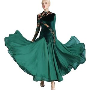 Yhsgscr Fluwelen Ballroom Grote SwingrokLange mouwen feest sociale dansjurk voor dames Flamenco Trainingsoutfit met Hoge Kraag Foxtrot Danskleding,Groen,L