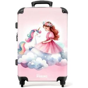 NoBoringSuitcases.com © Reiskoffer Harde koffer Trolley Kinderkoffer Grote koffer Reiskoffer met 4 wielen, TSA-slot (Roze prinses en eenhoorn op een wolk), (Middelgroot 67x43x25 cm)