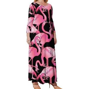 Leuke Flamingo Grafische Plus Size Jurk Voor Vrouwen Casual Lange Mouwen Maxi Jurken