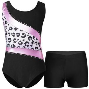 NihaoWXM Meisjes Ballet Dans Turnpakje Sportkleding Badkleding Mouwloos Gymnastiek Bodysuit met Shorts Schaatsen, Podium Performace, Dancewear Gymnastiek Turnpakje voor Meisjes (Roze Luipaard C, 10)