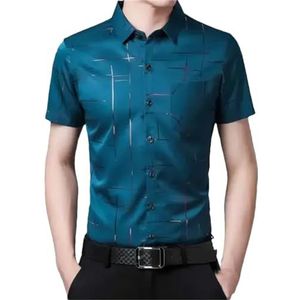 Dvbfufv Mannen Mode Korte Mouw Print Knopen Formele Shirt Mannelijke Bruiloft Enkele Breasted Turn-Down Kraag Slanke Shirt Tops, meerblauw, L