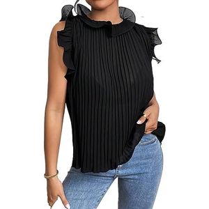 dames topjes Blouse met opstaande kraag en geplooide details met ruches (Color : Noir, Size : X-Small)