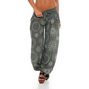 malito dames pofbroek met opdruk | lichte stoffen broek incl. riem | comfortabele vrijetijdsbroek | Harembroek - nonchalant 3481 (olijf)