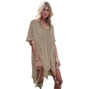 Cover-up strandkleding voor dames, gebreide holle jurk zonder bikini, lange mouwen, ronde hals, doorzichtige gehaakte cover-upjurk, badkleding en kleding voor dames (1989-kaki)