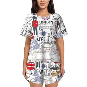 JIAWUJYNB I Love London pyjama met korte mouwen voor dames met print, comfortabele korte sets, nachtkleding met zakken, Zwart, S