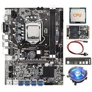 AMIUHOUN B75 8 Kaart BTC Mijnbouw Moederbord+G530/G1630 CPU+Koelventilator+128G SSD+Schakelkabel+Bezel 8XUSB3.0 GPU LGA1155 DDR3 MSATA