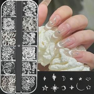 12Grid 3D Gouden Oceaan Klinknagel Nagelbedels Gemengde Zeepaardjes/Zeester/Conch Parel/Mini Kaviaar Kralen/Strass Steen Nagel Sieraden Decoratie-zilver 12grids_a