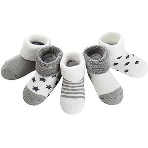 Domee Babysokken, winter, badstof, warme dikke thermosokken, katoen, verpakking van 5 stuks, wit grijs, 6-12 Maanden