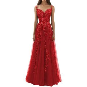 BRIGOW BY032 Damesjurk met spaghettibandjes, kant, geborduurde baljurk, liefje, vloerlengte, formele avondfeestjurk, Rood, 32