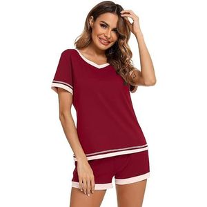 Hueborne Dames Nachtkledingset: Rekbare Katoenen Shorts Pyjama, V-hals Ademende Loungewear For Zomers Thuiscomfort(Burgundy,XXL)